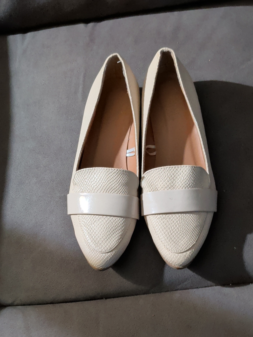 Charlotte Russe Cream Pointed-Toe Loafers with Patent Strap